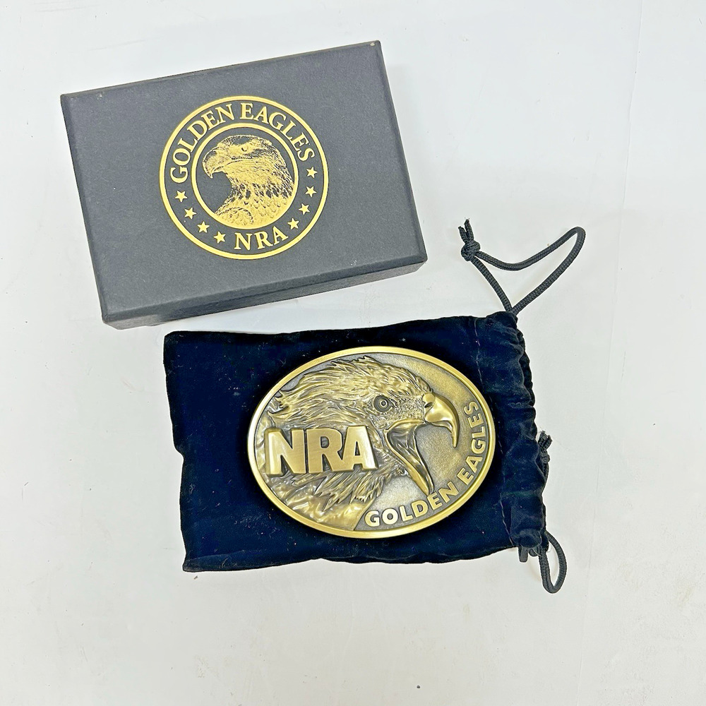 VTG NRA Golden Eagles Belt Buckle‎ Brass Tone Oval Bald Eagle Western Hunting